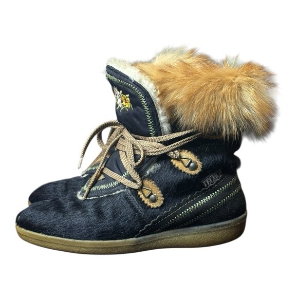 Vintage Tecnica Goat Fur Embroidered Floral Boots Black /  Brown Women's Size 38 - Picture 5 of 9